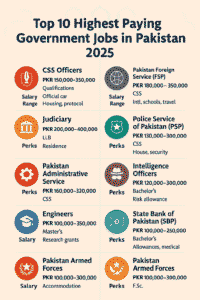 Flat-style infographic illustrating the Top 10 Highest Paying Government Jobs in Pakistan 2025, showcasing roles such as CSS Officers, Judges, Foreign Service, and SBP Officers with icons and salary ranges for easy visual understanding.