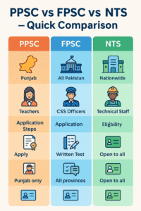 Infographic comparing PPSC vs FPSC vs NTS – Jurisdiction, focus areas, eligibility, and exam steps in Pakistan.